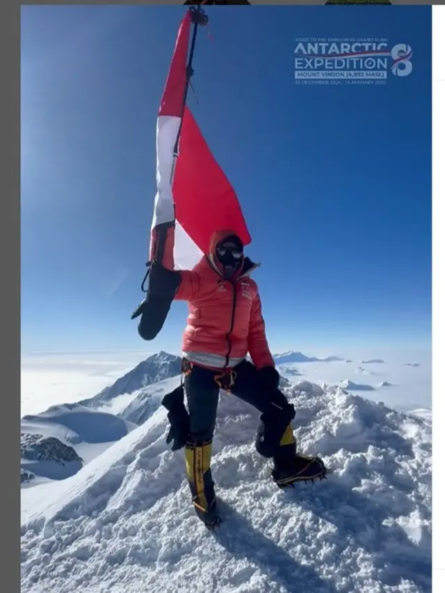 Usai Taklukkan Kutub Selatan, Putri Handayani Kibarkan Merah Putih di Puncak Tertinggi Antartika. foto: Instagram @jelajahputri, @putri.handayani22