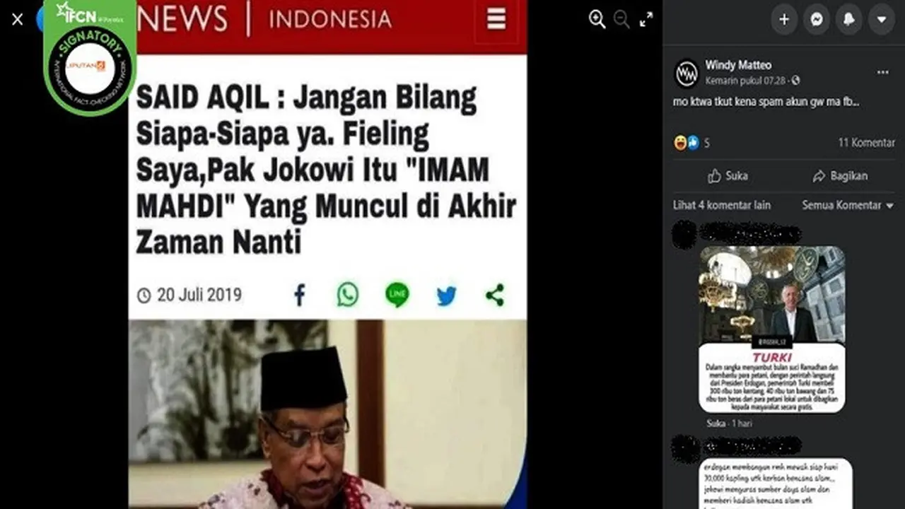 Gambar Tangkapan Layar Kabar Hoaks kabar tentang Ketua Umum PBNU Said Aqil Siradj Sebut Jokowi Imam Mahdi (sumber: Facebook)