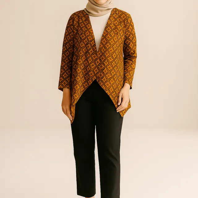 Model Cardigan Batik Asimetris/Ilustrasi Gambar AI