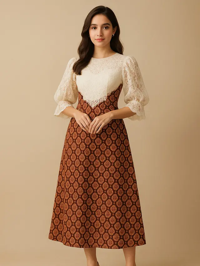 Dress Batik Kombinasi Brokat Lengan Balon