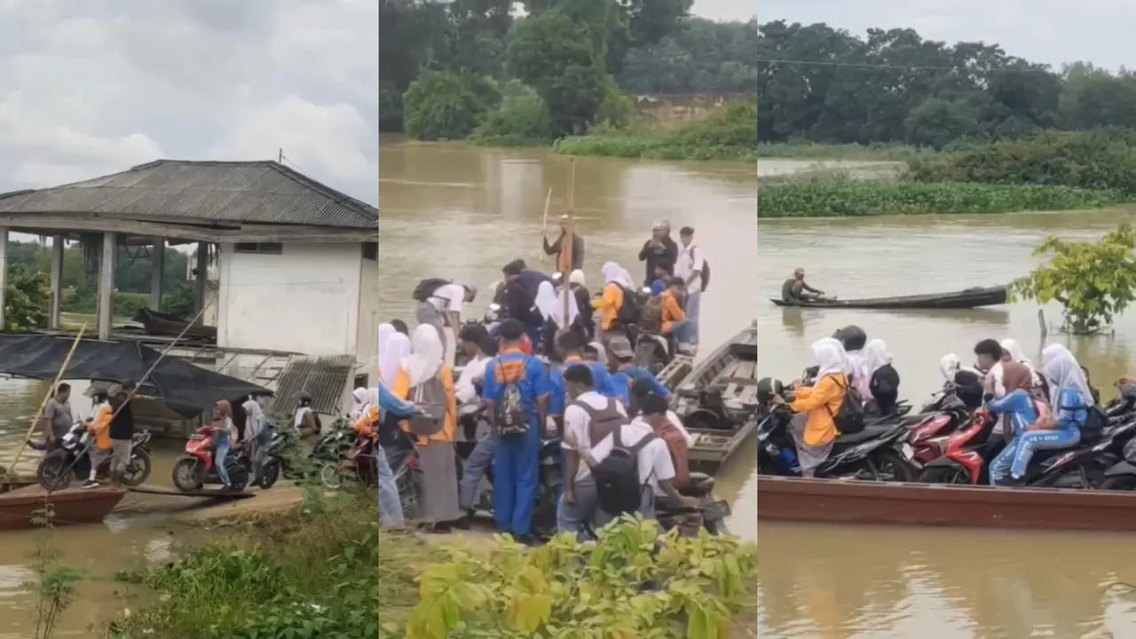 Tangkapan layar rekaman video puluhan siswa di Lampung Timur berangkat sekolah harus menaiki perahu untuk menyeberangi sungai. Foto : (Istimewa).
