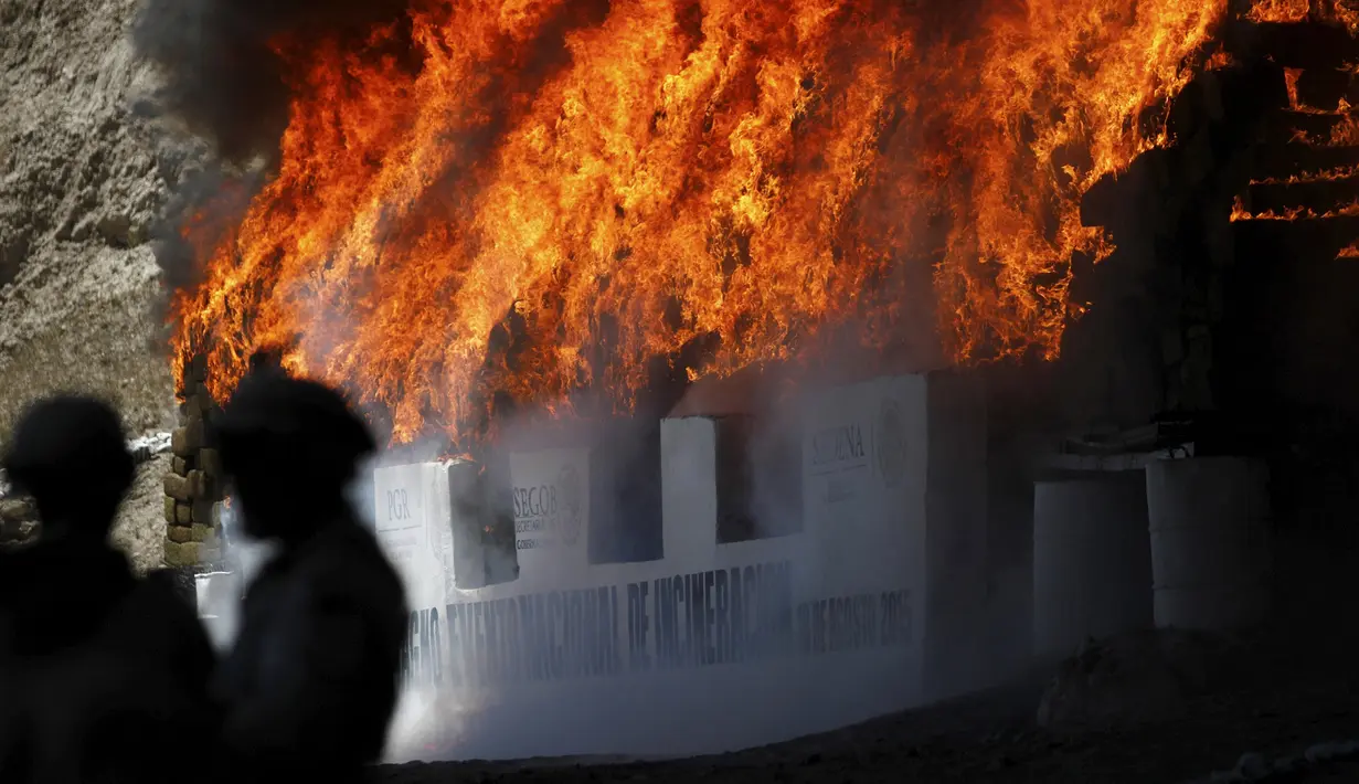 Petugas berjaga saat pembakaran ganja dan obat terlarag lainnya di kamp angkatan darat, Tijuana, Meksiko, (18/8/2015). 7 ton obat terlarang yang disita di Tijuana akan dibakar secara bersamaan di sembilan negara bagian di Meksiko. (REUTERS/Jorge Duenes)