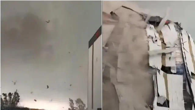 Tornado abu-abu besar yang bergerak dengan kecepatan tinggi dan membawa puing-puing ke langit di Shandong, China. (Screengrab ERICWANG1101/X)