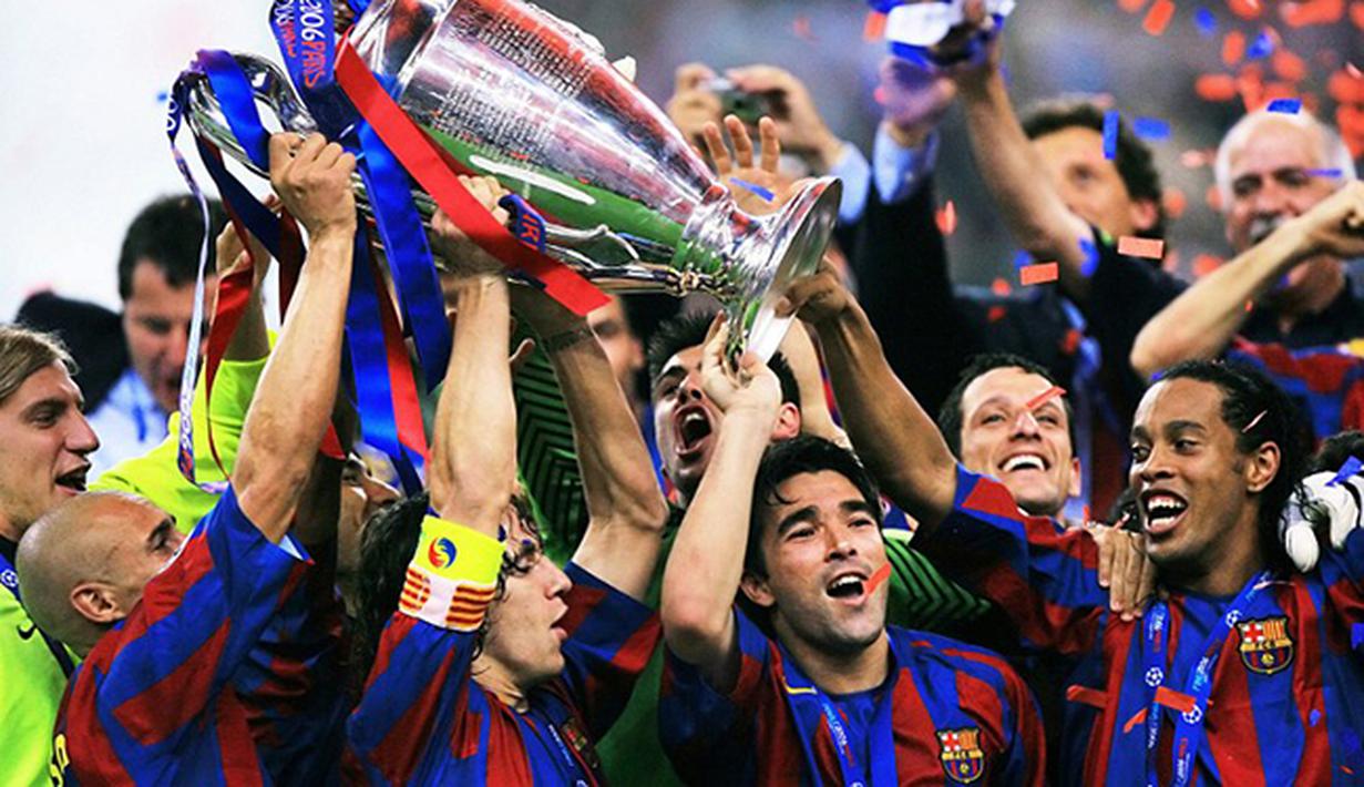 Selebrasi pemain Barcelona saat menjadi juara Liga Champions pada tahun 2006 dengan mengalahkan Arsenal di Stadio Stade de France, Prancis. (AFP/Odd Andersen)
