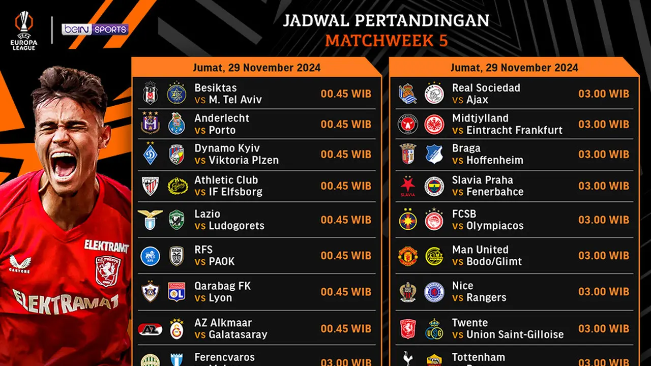 Jadwal Liga Europa 2024/25 Matchweek 5 di Vidio