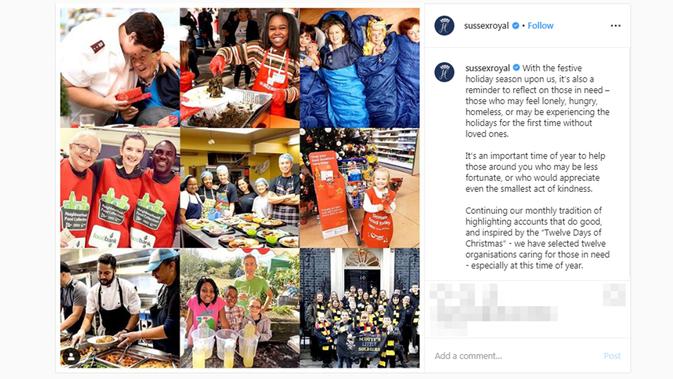 Unggahan di akun Instagram @sussexroyal pada Senin, 2 Desember 2019. (dok. Instagram @sussexroyal/https://www.instagram.com/p/B5ihH2NlqvN/?hl=en/Putu Elmira)