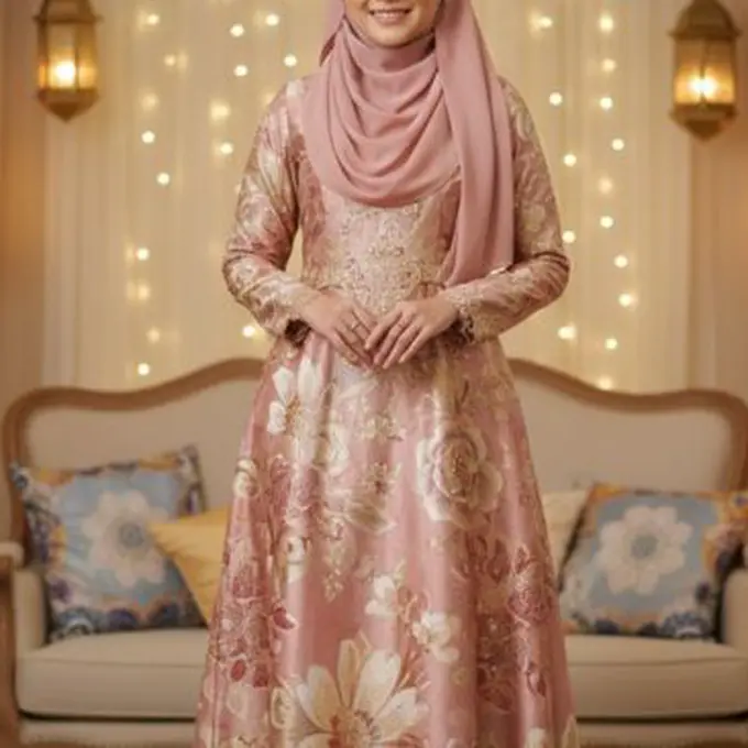 Gamis Batik Brokat Warna Rose Gold Ramadan 2026 (Image by Gemini AI)