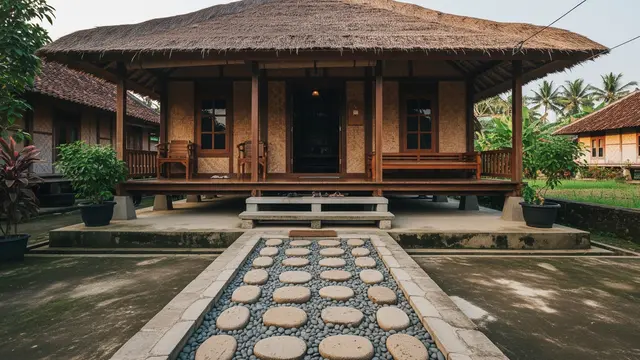 Desain Rumah Desa dengan Batu Terapi Kaki Depan Teras