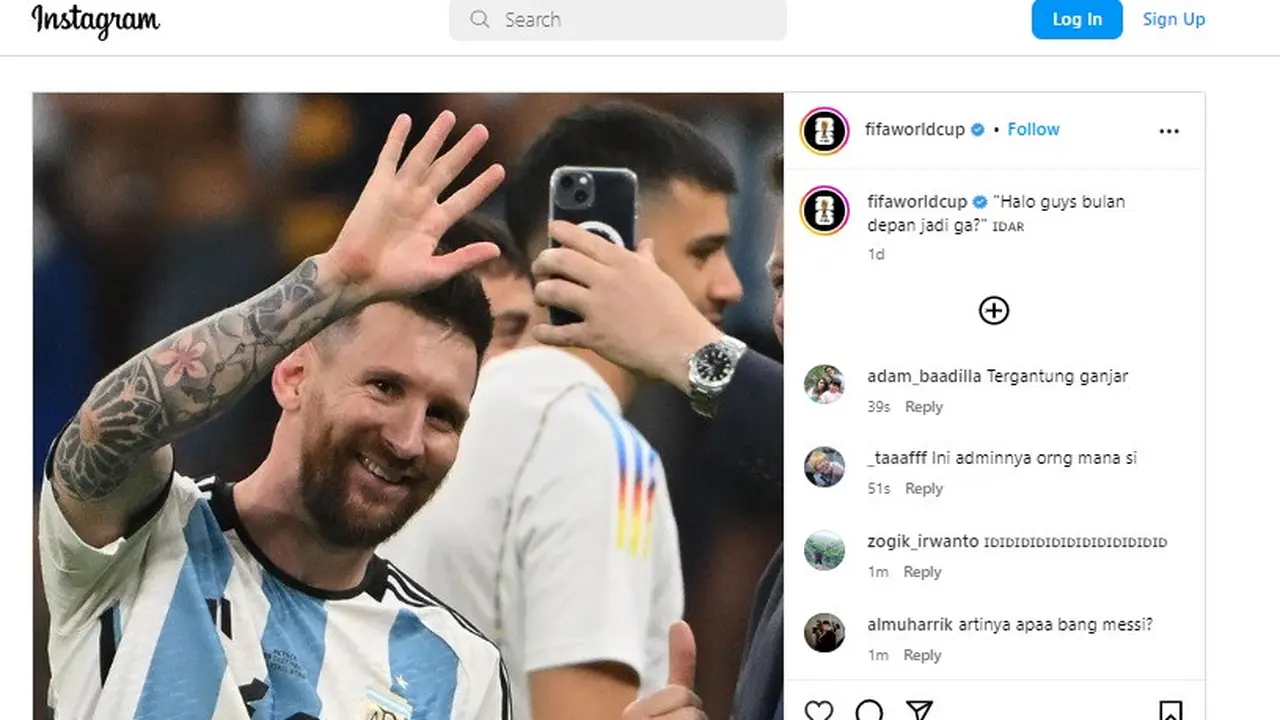 Lewat Instagram resmi FIFA World Cup @fifaworldcup, diposting foto mega bingang Lionel Messi melambaikan tangan. Hal ini menanggapi agenda Timnas Indonesia vs Argentina pada Juni 2023