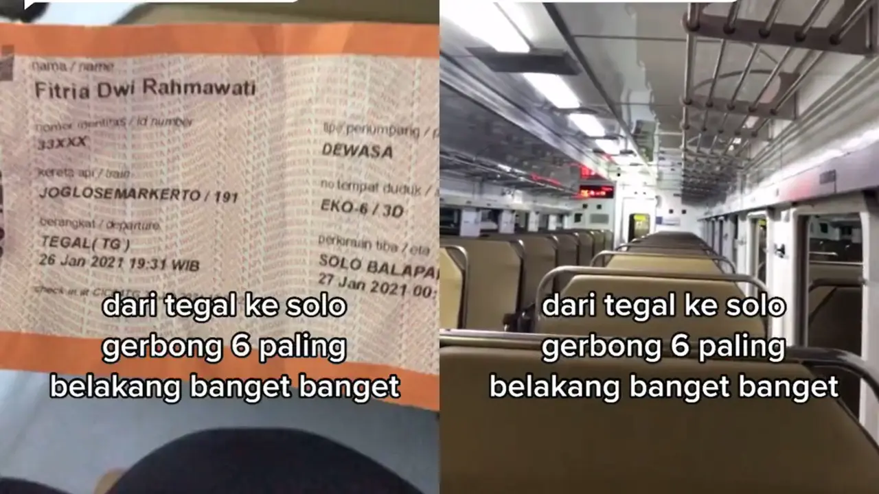 Wanita berani berada di gerbong kereta sendirian selama perjalanan ke Solo.