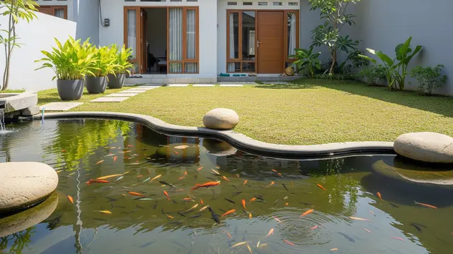 Desain Kolam Ikan Ramah Anak di Rumah Minimalis Model Kolam Ikan Dangkal di Halaman Depan