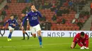 Pemain Leicester City Jamie Vardy melakukan selebrasi usai mencetak gol ke gawang Southampton pada laga Liga Inggris di Stadion St Mary, Southampton, Inggris, Jumat (25/10/2019). Leicester City membantai Southampton 9-0. (AP Photo/Alastair Grant)