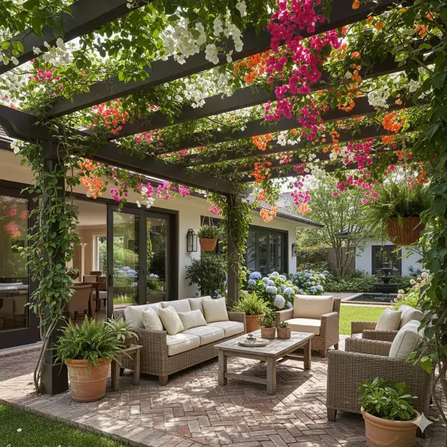 Teras dengan Pergola dan Tanaman Merambat