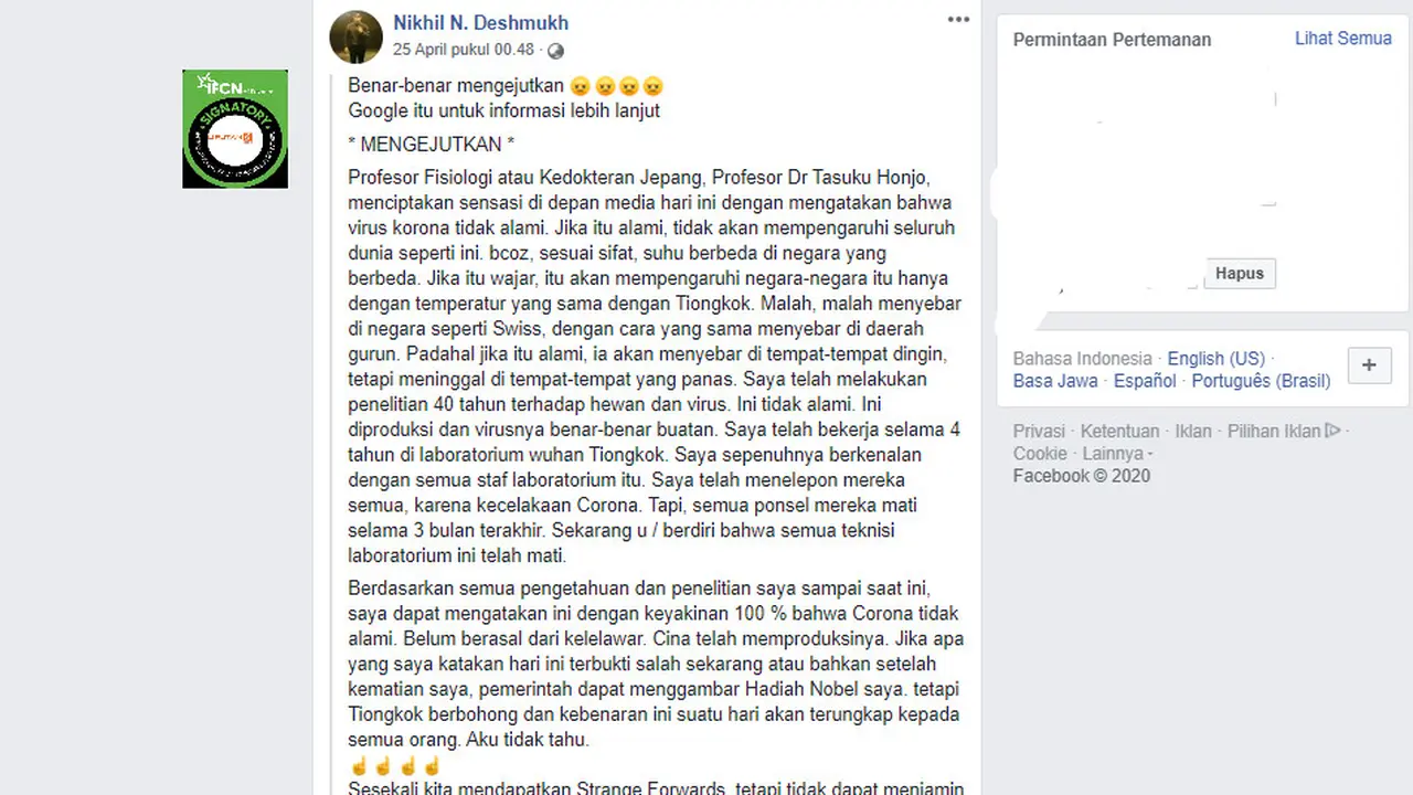 Pernyataan Seputar COVID-19 Yang Mencatut Nama Profesor Jepang Tasuku Honjo