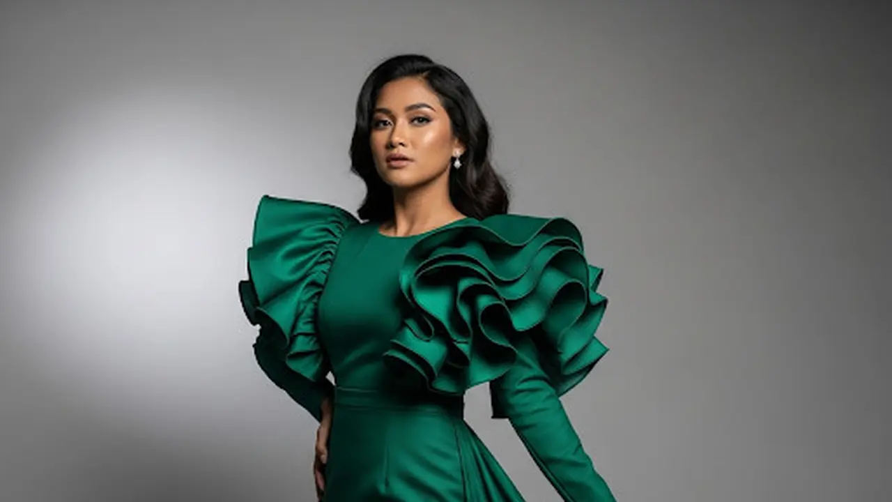 Long Dress Kombinasi Polos Lengan Ruffle