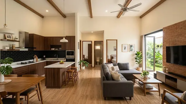 Desain Rumah 3 Kamar dengan Ruang Keluarga Tanpa Dinding Pembatas