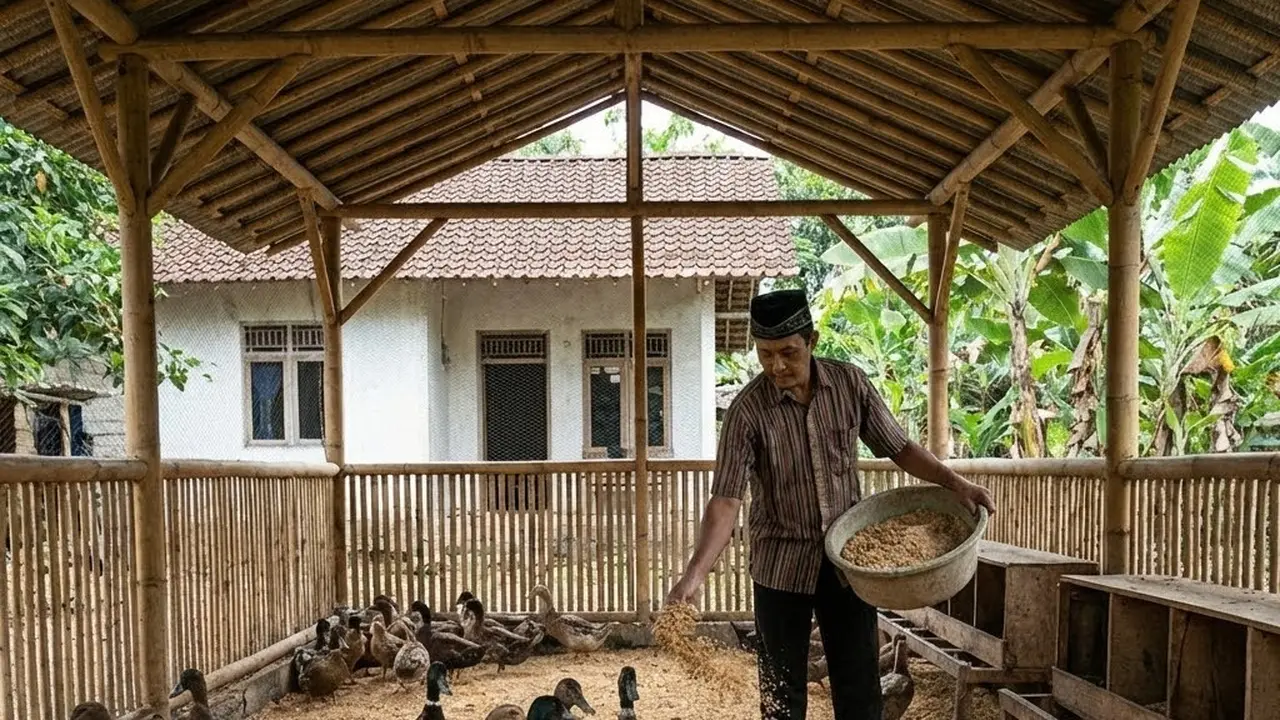 Memberi makan ternak bebek petelur di halaman rumah tanpa kolam (Gemini AI)