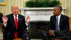 Presiden AS Barack Obama bertemu dengan Presiden terpilih Donald Trump di Gedung Putih, Washington, AS, Kamis (10/11). Meski saat kampanye Obama berseberangan dengan Trump, kini ia meminta rakyat AS untuk mendukung Trump (REUTERS / Kevin Lamarque)
