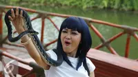 Julia Perez berpose dengan ular usai merayakan ulang tahun yang 36 di kawasan Ancol, Jakarta, Jumat (15/7). Sejumlah selebriti hadir dalam acara tersebut diantaranya Luna Maya dan Zaskia Gotik. (Liputan6.com/Herman Zakharia)