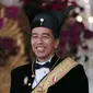 Jokowi kembali memakai baju adat pada upacara peringatan HUT ke-78 RI di Istana Merdeka. Kali ini, Jokowi mengenakan baju adat Ageman Songkok Singkepan Ageng dari Keraton Kasunanan Surakarta Hadiningrat. (AP Photo/Achmad Ibrahim)