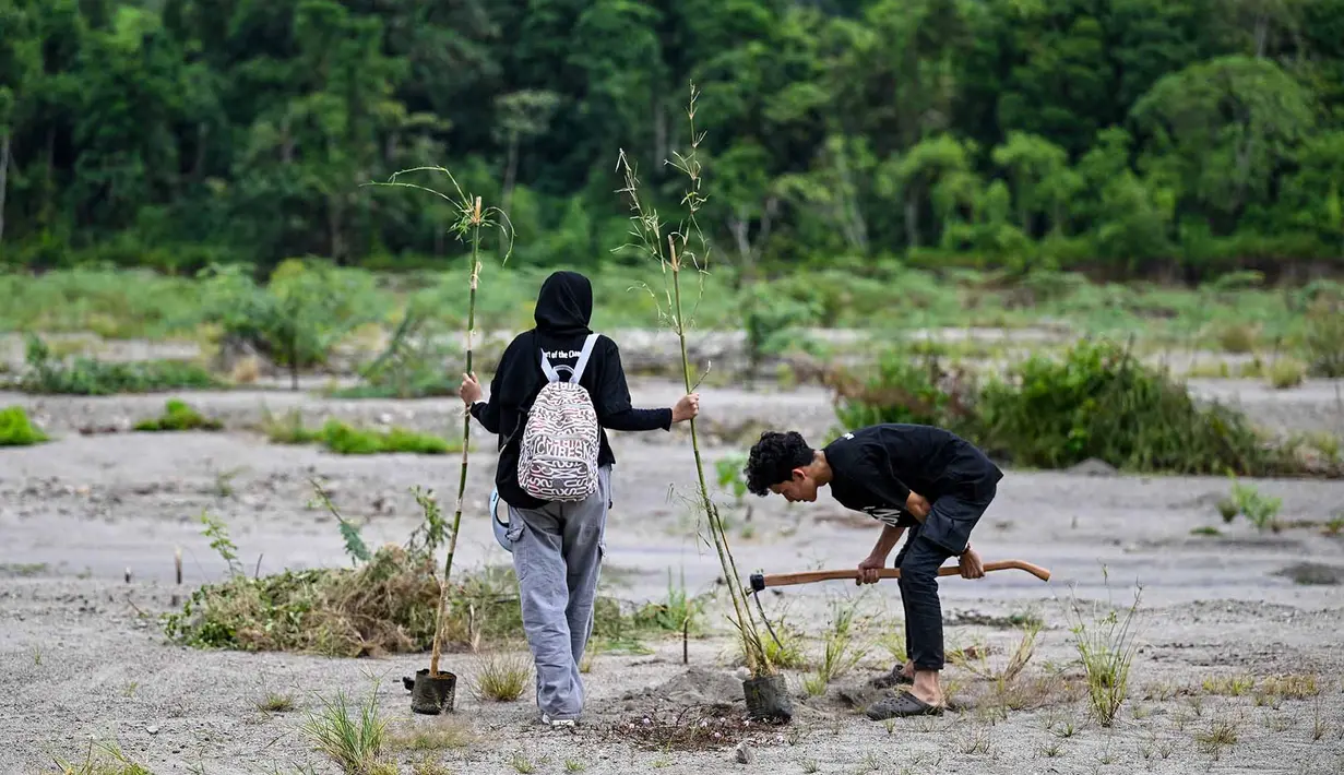 Relawan peduli lingkungan menanam pohon di Daerah Aliran Sungai (DAS) Peusangan, Negeri Antara, Bener Meriah, Aceh, Sabtu (18/7/2026). (AFP/ Chaideer Mahyuddin)
