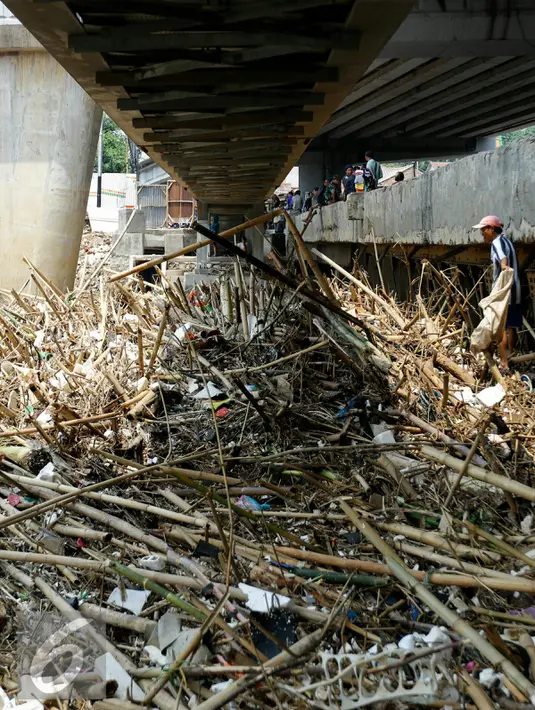 Pemulung mencari sampah plastik di sela-sela tumpukan sampah di aliran sungai Ciliwung tepat bawah fly over Kalibata, Jakarta, (16/11/2015). Pasca datangnya air kiriman dari Bogor, tumpukan sampah menumpuk di bawah jembatan. (Liputan6.com/Yoppy Renato)