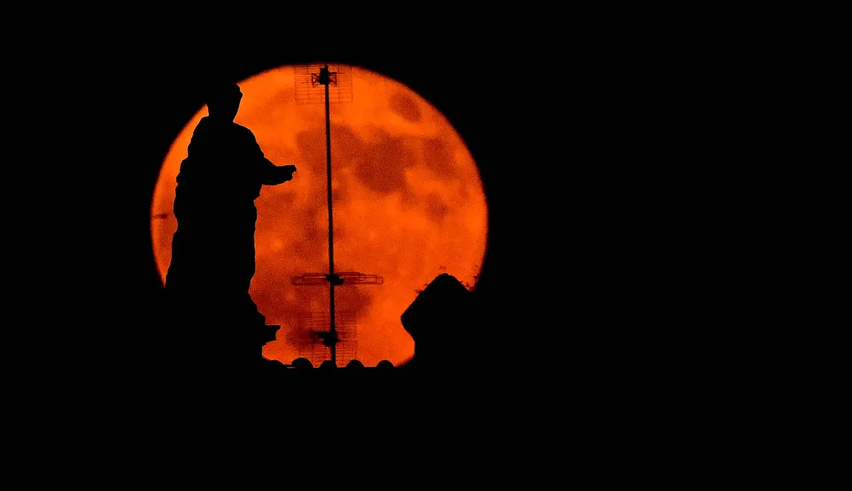Bulan purnama, yang dikenal sebagai 'Bulan Stroberi', muncul di atas Fori Imperiali di pusat kota Roma, Italia, 11 Juni 2025. (Tiziana FABI/AFP)