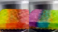 Sebuah kue terlihat berwarna kuning, oranye dan pink. Namun Jika dilihat dari sisi lain, warnanya berubah lagi menjadi ungu, biru dan hijau.