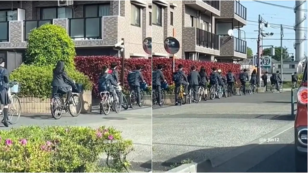 Pelajar Jepang Tetap Antre saat Seberangi Jalan Naik Sepeda, Baris Satu per Satu