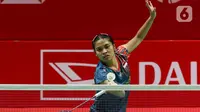 Pebulu tangkis tunggal putri Indonesia, Gregoria Mariska Tunjung saat tampil melawan Anupama Upadhyaya (India) pada laga 32 besar Indonesia Masters 2025 di Istora Gelora Bung Karno, Senayan, Jakarta, Rabu (22/1/2025). (Liputan6.com/Herman Zakharia)