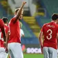 Striker Inggris, Harry Kane, merayakan gol yang dicetaknya ke gawang Bulgaria pada laga Kualifikasi Piala Dunia 2020 di Stadion Vasil Levski, Sofia, Senin (14/10). Bulgaria kalah 0-6 dari Inggris. (AFP/Nikolay Dychinov)