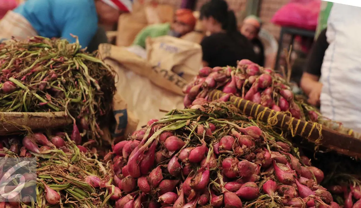 Harga bawang merah mengalami kenaikan hingga 40 persen. kenaikan harga hingga Rp 45 ribu per kg yang sebelumnya seharga Rp30 ribu per kg di Pasar Kramatjati, Jakarta, Selasa (8/3). (Liputan6.com/Angga Yuniar)