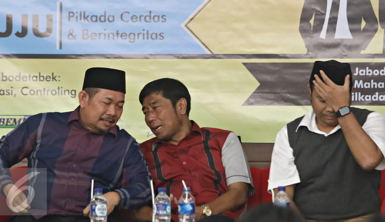 Ki-ka: KH Fachrurozi Ishaq, Haji Lulung dan Muhammad Idrus saat menghadiri diskusi bertajuk 'Menuju Pilkada Cerdas dan Berintegritas' di UNJ, Kamis (14/4/2016). (Liputan6.com/Immanuel Antonius)