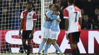 Striker Manchester City, Gabriel Jesus, merayakan gol ke gawang Feyenoord, pada matchday pertama Liga Champions, di Feyenoord Stadium, Kamis (14/9/2017) dini hari WIB. (AFP/John Thys) 