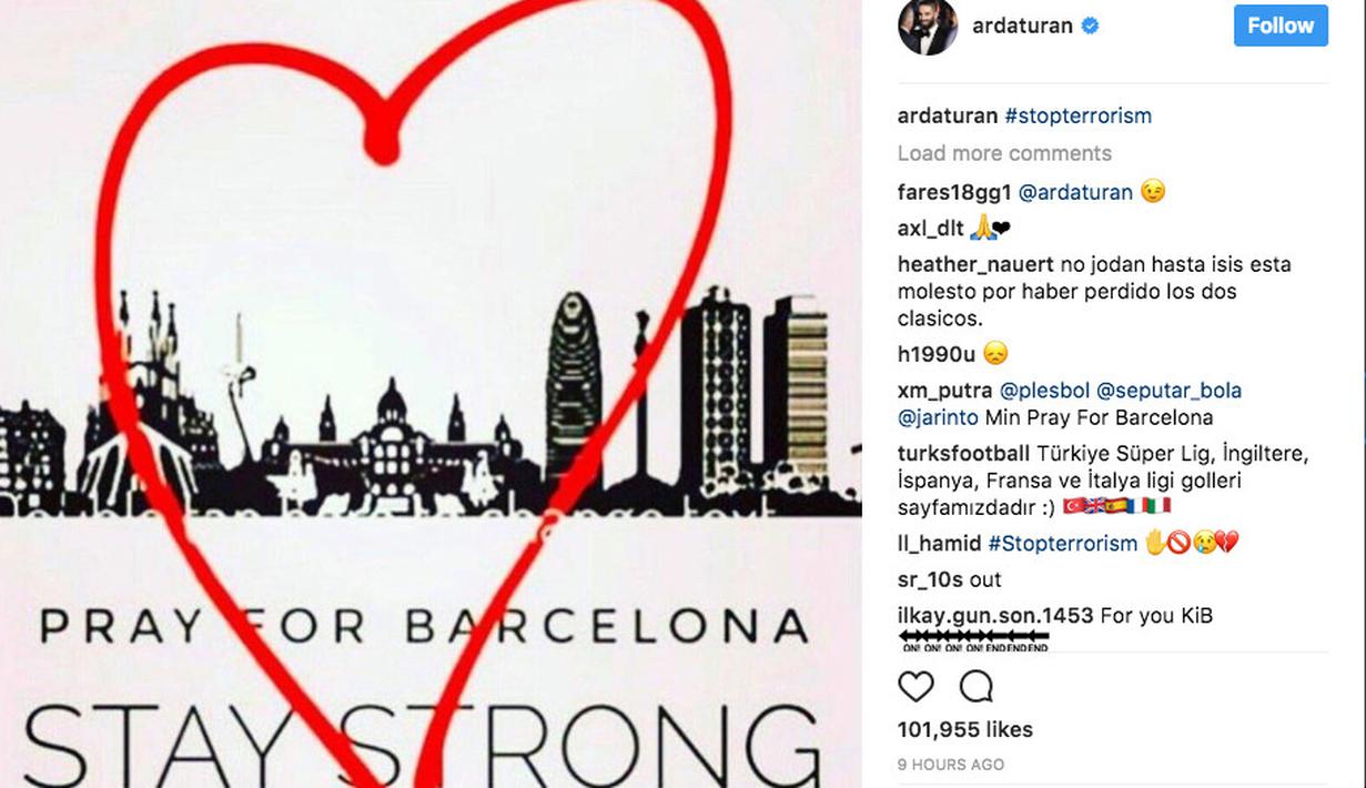 Akun Instagram milik pemain Barcelona, Arda Turan dengan gambar hati dan hastag stop terorrism sebagai bentuk simpatik terhadap korban teror Barcelona. (Bola.com/Instagram/Arda Turan)