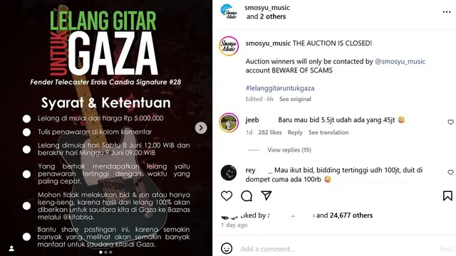 Pengumuman Eross Lelang Gitar. (Instagram/ smosyu_music)