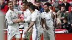 Gelandang Real Madrid, Casemiro, merayakan gol nya ke gawang Athletic Bilbao pada laga lanjutan La Liga Spanyol di Stadion San Memes, Bilbao, Spanyol, Sabtu(18/03/2017). Real Madrid berhasil menang 2-1 atas Athletic Bilbao.(EPA/Luis Tejido). 