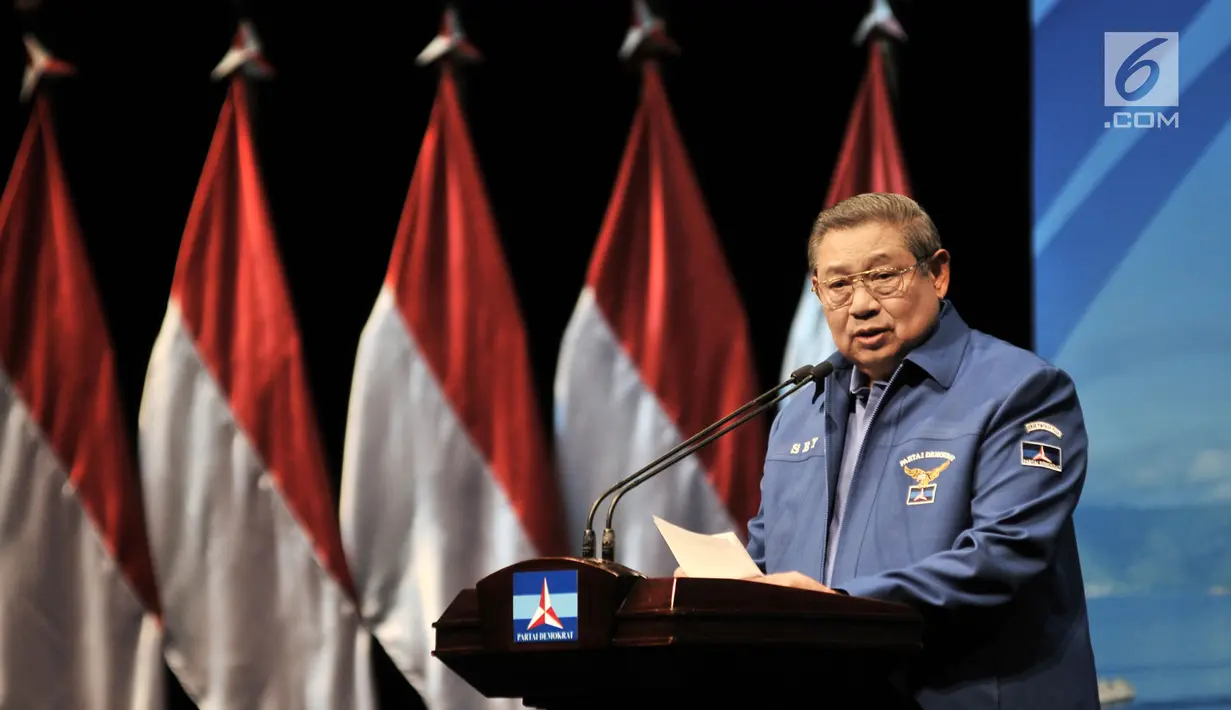 Ketua Umum Partai Demokrat Susilo Bambang Yudhoyono menyampaikan pidato politiknya dalam acara HUT Ke-17 Partai Demokrat di Jakarta, Senin (17/9). Dalam pidato politik itu, SBY menceritakan perjalanan Partai Demokrat. (Merdeka.com/Iqbal S Nugroho)