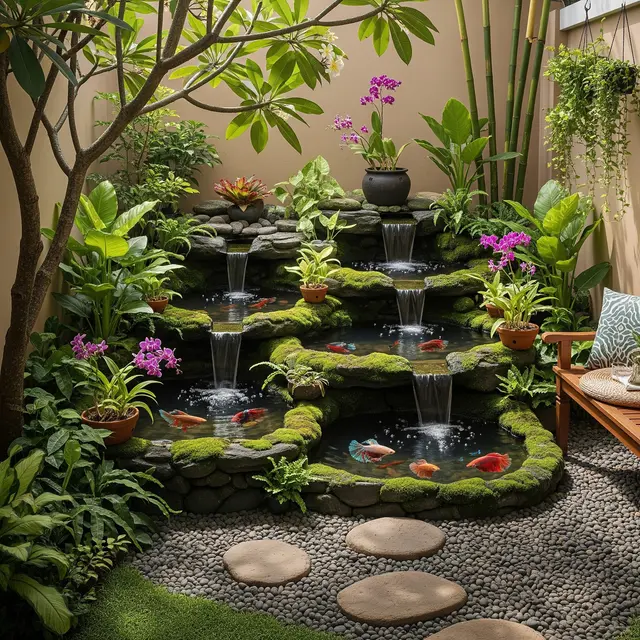 Kolam Ikan Bertingkat dengan Air Terjun Mini