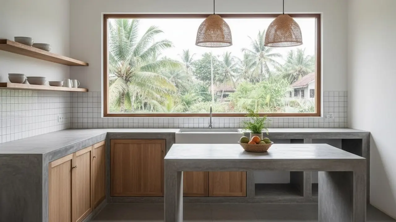 Dapur dengan Meja Beton Ekspos (Semen Cor)