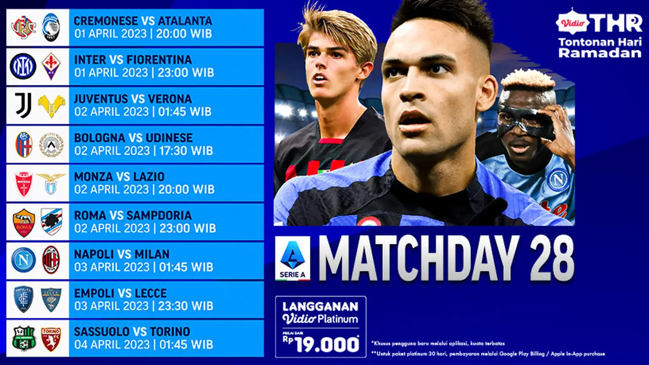 Jadwal Serie A Liga Italia Akhir Pekan Ini 1 sampai 4 April Live Vidio : Atalanta Vs Cremonese  Inter Milan Vs Fiorentina