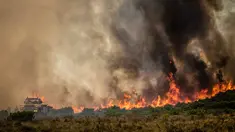 Kebakaran melanda kawasan Somerset West dekat Cape Town, Afrika Selatan, Rabu (4/1). Kebakaran tersebut telah menghancurkan sebagian wilayah perkebunan tertua di Afsel. (AP Photo / Stefan Smuts)