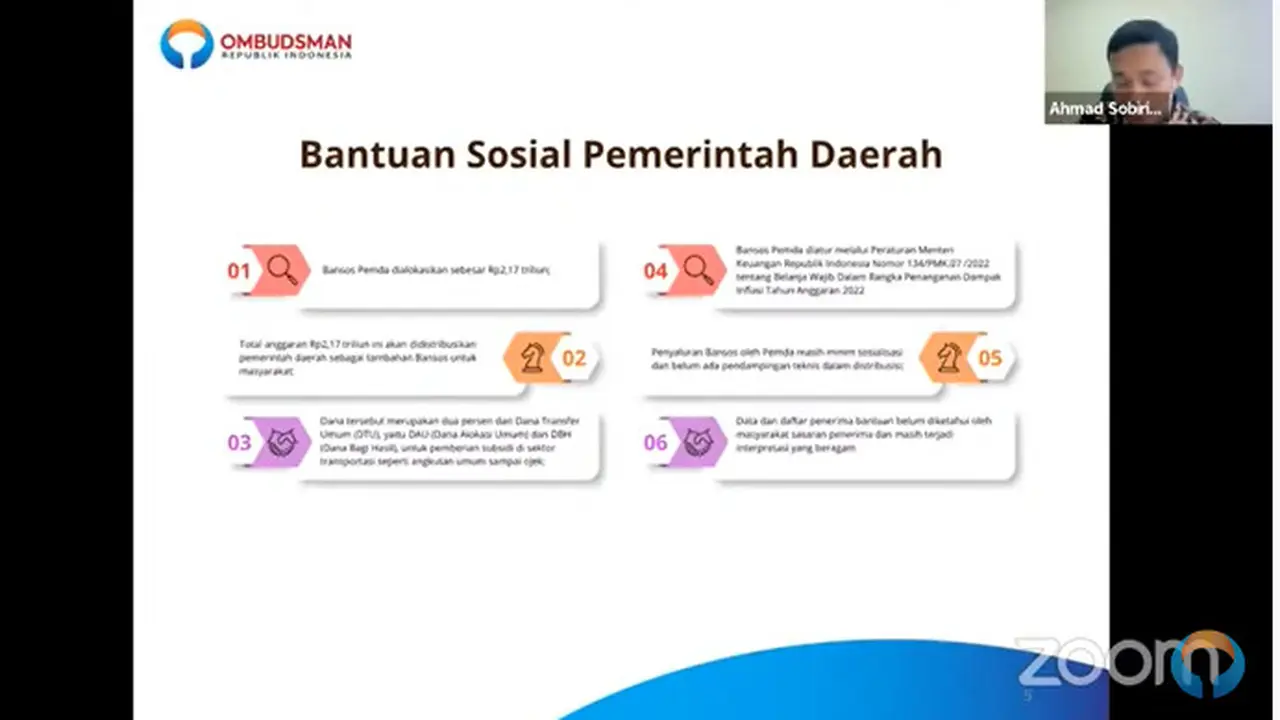 Kepala Pemeriksaan VI Ombudsman RI, Ahmad Sobirin memaparkan hasil temuan Ombudsman RI terkait dengan program bantuan sosial kepada masyarakat.