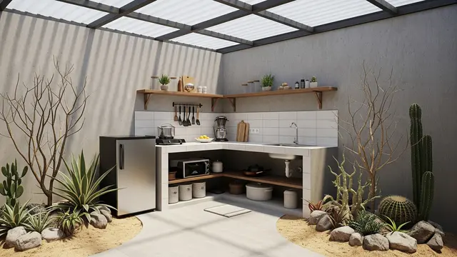 Dapur Mini dengan Taman Kering di Bawah Atap Terbuka