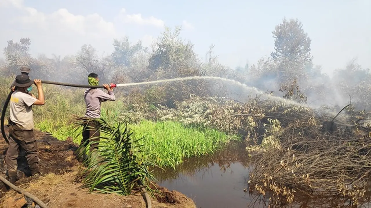 Polisi memadamkan kebakaran hutan dan lahan di Kabupaten Pelalawan beberapa waktu lalu.