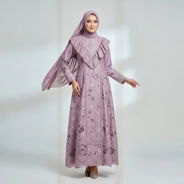 Model Gamis Batik Brokat Dusty Lilac