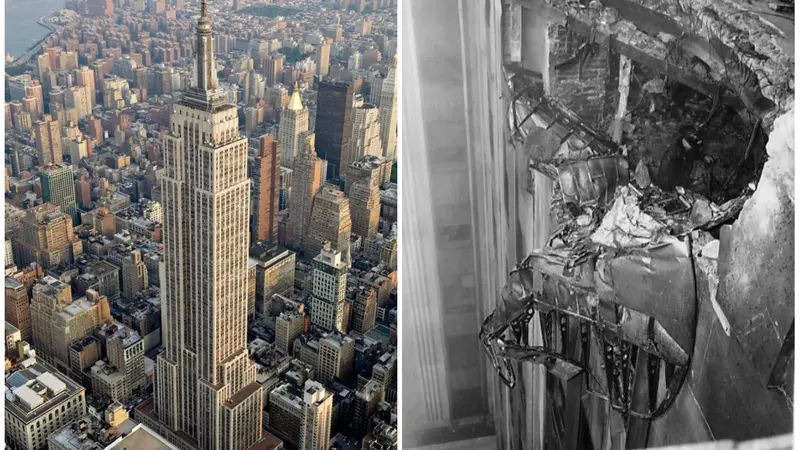 Pada 28 Juli 1945, jet tempur B-25 Bomber mengancurkan sebagian Empire State Building (Wikipedia/Sam Valadi CC BY 2.0/Public Domain)