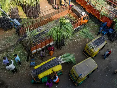 Orang-orang membeli tebu yang akan digunakan secara luas pada festival panen Makar Sankranti di pasar grosir di Bangalore, India, Rabu (12/1/2022). Makar Sankranti adalah sebuah perayaan Hindu yang dirayakan hampir seluruh bagian India dan Nepal dalam bentuk kebudayaan. (MANJUNATH KIRAN/AFP)