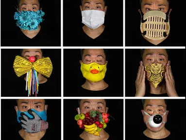 Foto kombinasi memperlihatkan Edmond Kok, seorang desainer kostum teater dan aktor Hong Kong, mengenakan berbagai masker berdesain unik yang dibuatnya untuk melindungi diri dari virus corona di Hong Kong pada 6 Agustus 2020. (AP Photo/Vincent Yu)