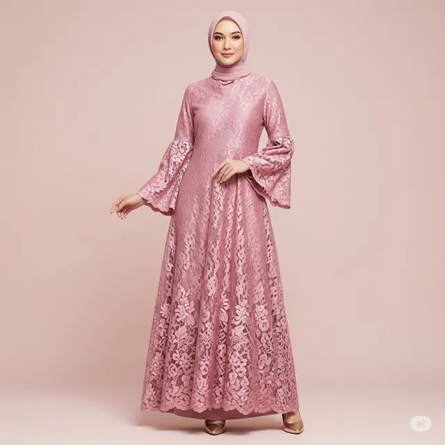 Model Dress A-line Muslimah Bordir Brokat Terbaru.